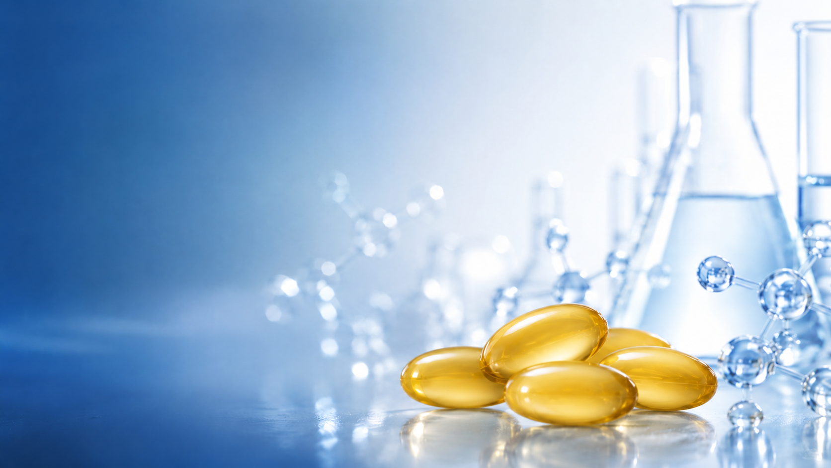 Cápsulas omega-3 y matraces de laboratorio